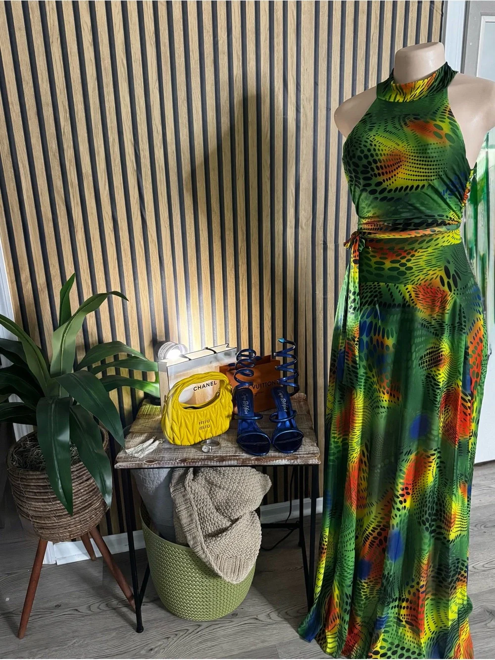 Chic Green Multicolor Halter Maxi Dress by